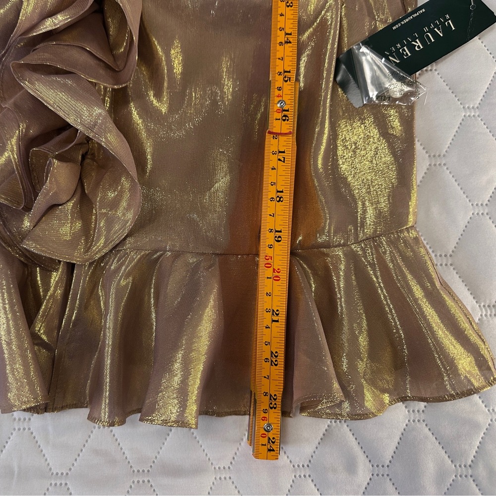 Lauren‎ Ralph Peplum Top Womens 10 Gold NWT Silk blend Metallic Ruffle Blouse - Picture 8 of 8